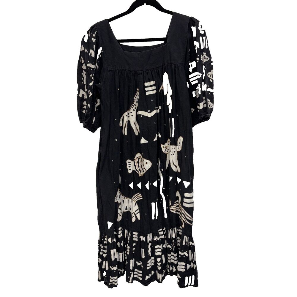 Ramona Rull Black Dress Cotton Batik Animal Fish Midi Vintage L Pockets Beads